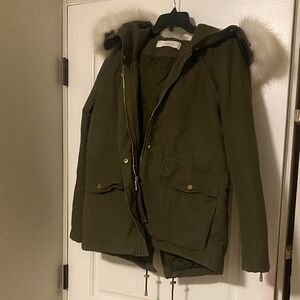 Olive Green Parka with Faux Fur Hood